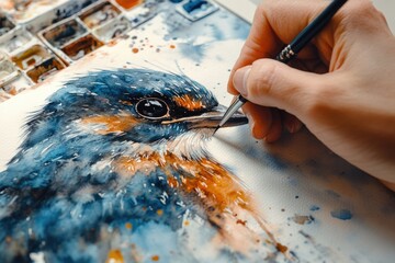 A hand meticulously paints a beautiful watercolor bird with vibrant blue and orange hues, showcasing artistic skill and creative expression on textured paper.
