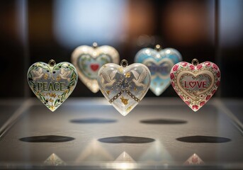 Five decorative heart-shaped pendants, each featuring unique designs and positive words like "PEACE" and "LOVE".