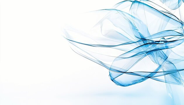 Abstract flowing blue ribbons with translucent layers, creating a sense of movement and light against a clean white background. The composition is dynamic and e
