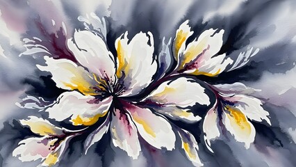 A vibrant watercolor painting depicts a blossoming floral arrangement with soft hues