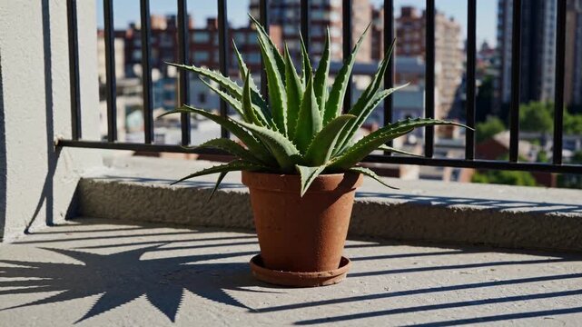 Aloe vera plant grows on balcony with city skyline in background during sunny afternoon