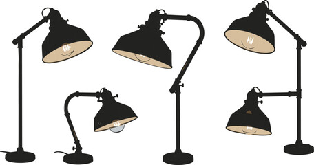 Adjustable desk lamp icon vector—five industrial-style positions with jointed arms, round bases, and beige interiors for design visuals