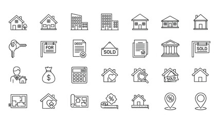 Real Estate Properties, Houses, Buildings, Rent, Sale, Construction & Architecture Line Icons for Property Platforms