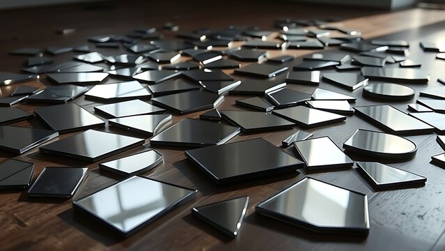 superego. Broken mirror pieces scattered on floor reflecting distorted surfaces. wellbeing guides, coaching materials, designed for coaching and self-improvement content, clarifies learning.