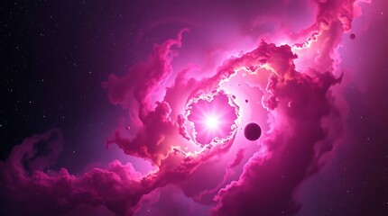A hyperrealistic digital painting of a nebula in deep space, swirling with vibrant pinks, purples, and golds, showcasing vast cosmic dust clouds and distant stars with extreme detail