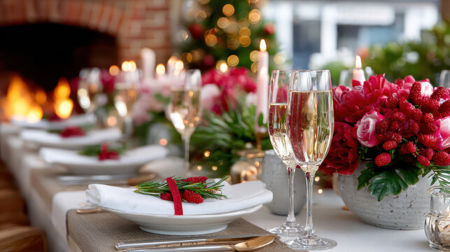 Festive dining room with elegant table setting featuring wine glasses and christmas decorations near a cozy fireplace