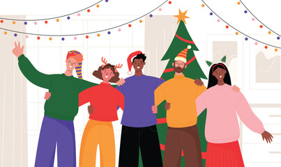 Christmas party. Friends enjoying holiday celebration. Vector illustration of a diverse group of friends near the Christmas tree