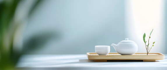 White teapot and tea cups placed on a wooden tray