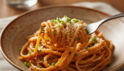 Spaghetti twirled on fork with tomato sauce, parmesan and herbs in warm light, classic italian comfort food for cozy family dinner, restaurant menu and home cooking inspiration