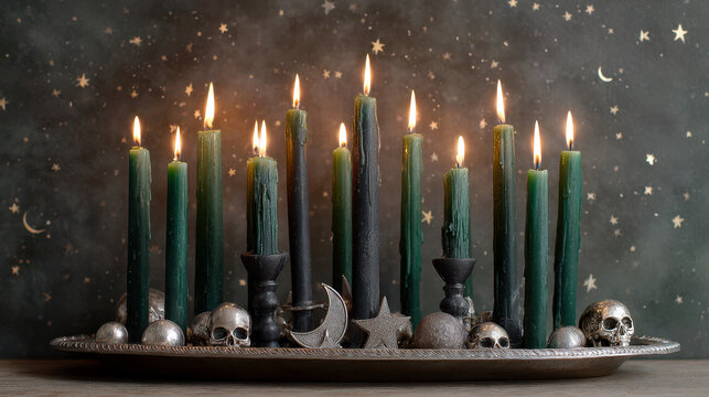 Emerald and black candles on altar with skulls and stars for gothic christmas theme