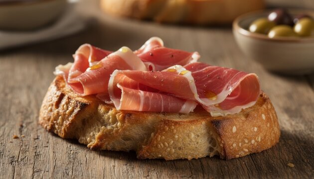 Rustic slice of toasted bread topped with prosciutto and olive oil, evoking Italian aperitivo hour, slow food culture and gourmet appetizer ideas