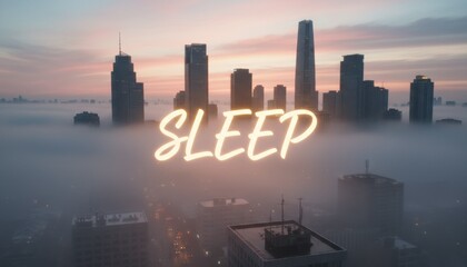 Foggy city skyline at dawn with glowing word sleep, conceptual image about urban insomnia, burnout, mental health, digital detox and need for restorative rest