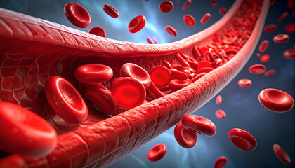 3D illustration of human blood vessel with red blood cells, medical concept