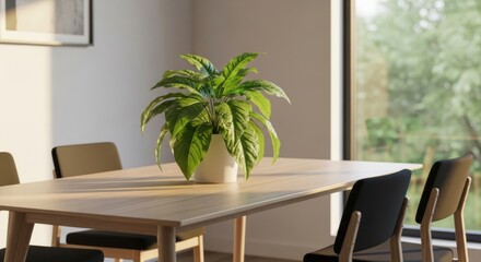 A bright dining room with a wooden table and chairs, featuring a potted plant.