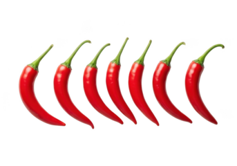 Seven Red Chili Peppers Arranged in a Row isolated on a transparent background spice