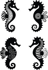 Seahorse Icon Set, Ornamental Marine Animal Vector Silhouette