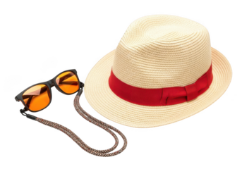Straw hat with red ribbon and orange sunglasses isolated on a transparent background