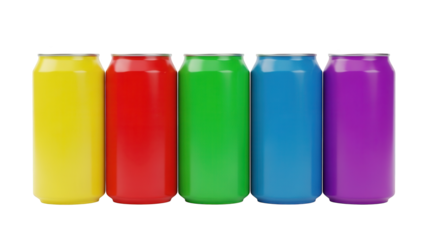 Five brightly colored beverage containers stand in a row against a striped background