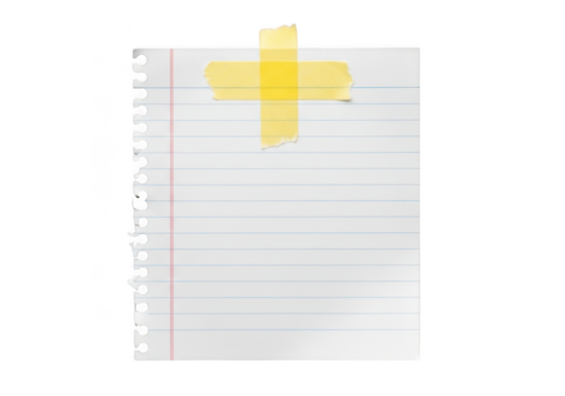 Torn notebook page with yellow tape cross isolated on a transparent background paper