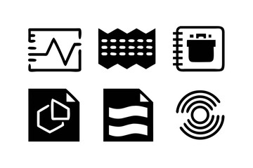 Set of six black outline icons representing data, receipt, notebook, file, document, and signal