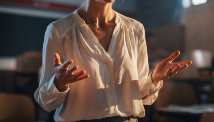 Obraz premium Woman in white blouse speaking with hands gesturing in a classroom.