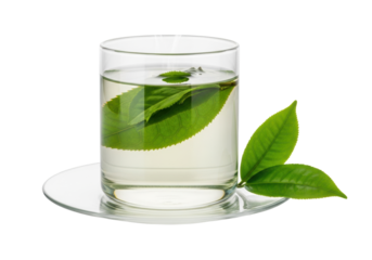 Pristine borosilicate glass cup with hot steeping green tea, visible unfurled leaves, steam rising, on glass saucer with fresh emerald leaves, transparent background, healthy beverage concept
