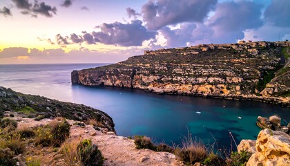 Serene Coastal Landscape at Sunset - A Tranquil Mediterranean Vista.