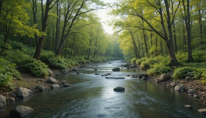 Peaceful river flowing through lush green forest in spring sunlight, nature escape