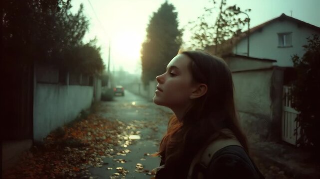 A girl in raw film style, on a subburt villange creapy town, no filter. Documentaire, kodak film