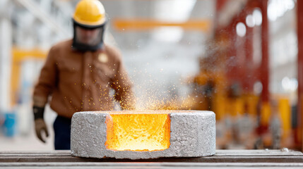 Worker in safety gear observing molten metal in continuous casting line at industrial steel plant