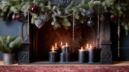 Gothic christmas fireplace with dark fir garland and black candles creating a moody holiday ambiance