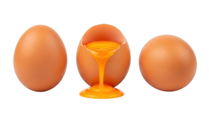 Three brown poultry eggs are displayed with one cracked open revealing flowing yolk against a black background