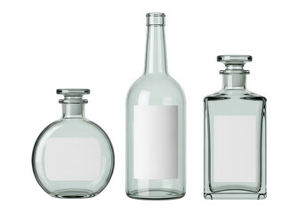 Assortment of three clear glass decanters or bottles with stoppers and blank labels