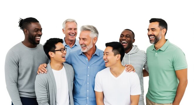 Joyful Group of Diverse Men Smiling Together in Studio Setting on White Background - Powered by Adobe