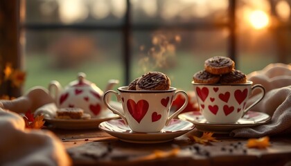 Romantic tea set with heart-patterned cups and pastries
