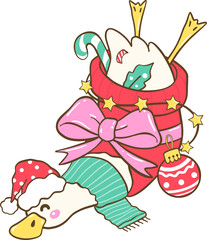 Goose in Christmas Stocking with Bow and Stars, Cute Festive Holiday Illustration