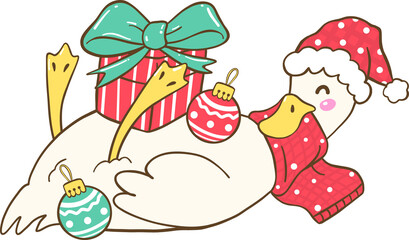 Cute Goose Hugging Christmas Gifts with Ornaments, Festive Holiday Cartoon Art