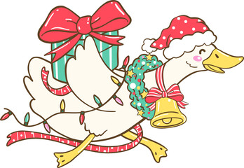 Running Christmas Goose with Wreath, Bells, and Gift, Cute Festive Illustration
