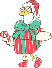 Funny Christmas Goose Dressed as a Present with Bow and Glasses, Cute Holiday Illustration