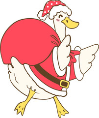Cute Santa Goose Carrying a Big Gift Bag, Hand Drawn Christmas Illustration