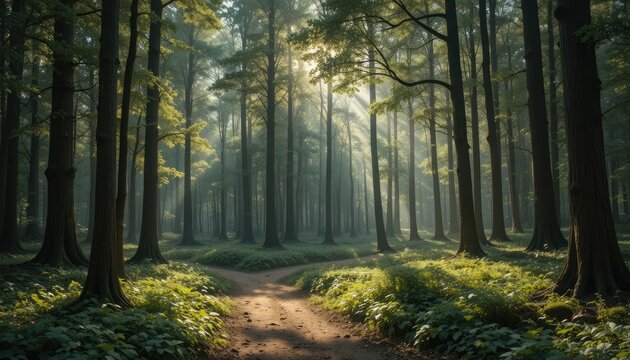 Enchanting sunlit forest path inviting peaceful exploration and serene contemplation