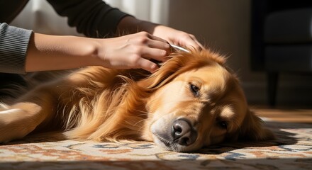 Close up photo of a golden retriever dog being petted by a person on a rug in warm sunlight