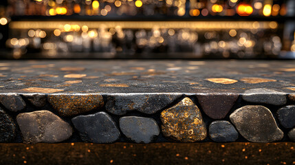 Stone Table with Blurred Bar Background,Fallen autumn leaves and twigs on the forest floor in natural sunlight