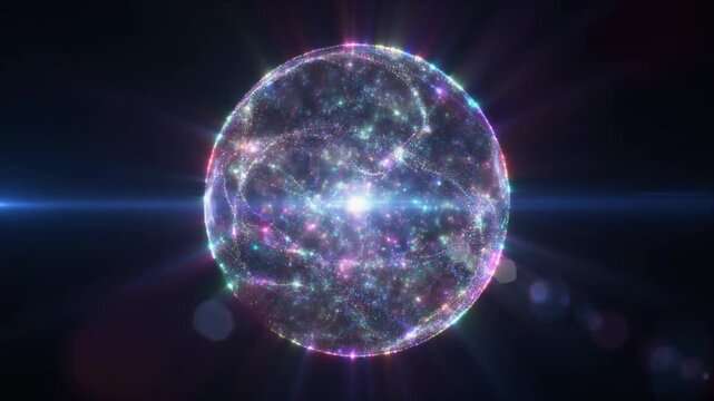 Abstract digital art of a luminous plasma orb containing a universe of sparkling stars and celestial galaxies against a dark background with lens flare