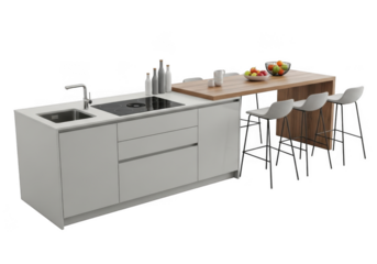 White kitchen island with sink and stools isolated on a transparent background image