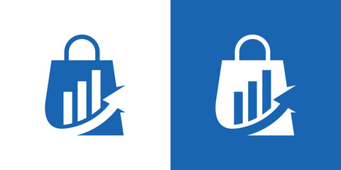 A modern dual-meaning logo combining a shopping bag with a rising financial graph and arrow, symbolizing profitable shopping, smart commerce, and upward business growth.