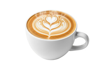 White mug with latte art coffee steam isolated on transparent background 
