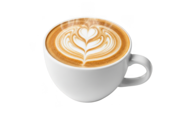 White mug with latte art coffee steam isolated on transparent background 