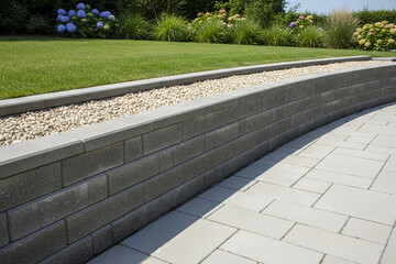 Obraz premium Modern retaining wall with gravel, grass, and a paved patio in a garden setting