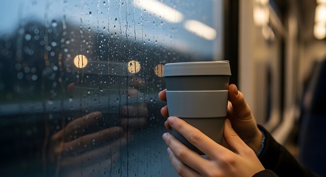 A cozy lifestyle photo of hands holding a grey reusable coffee cup by a train window on a rainy day - Powered by Adobe